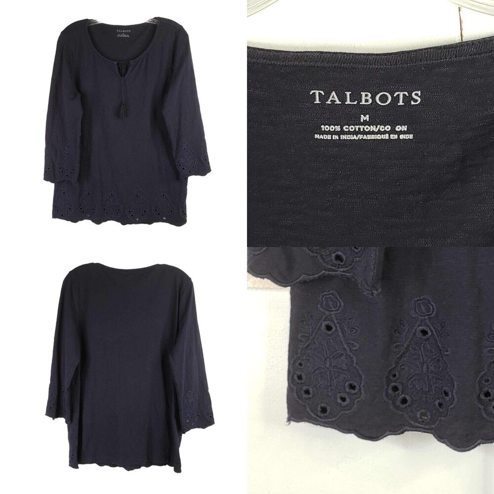 Talbots Tunic Top Women's Size M Medium Navy Blue Eyelet Tassels Beach Coastal